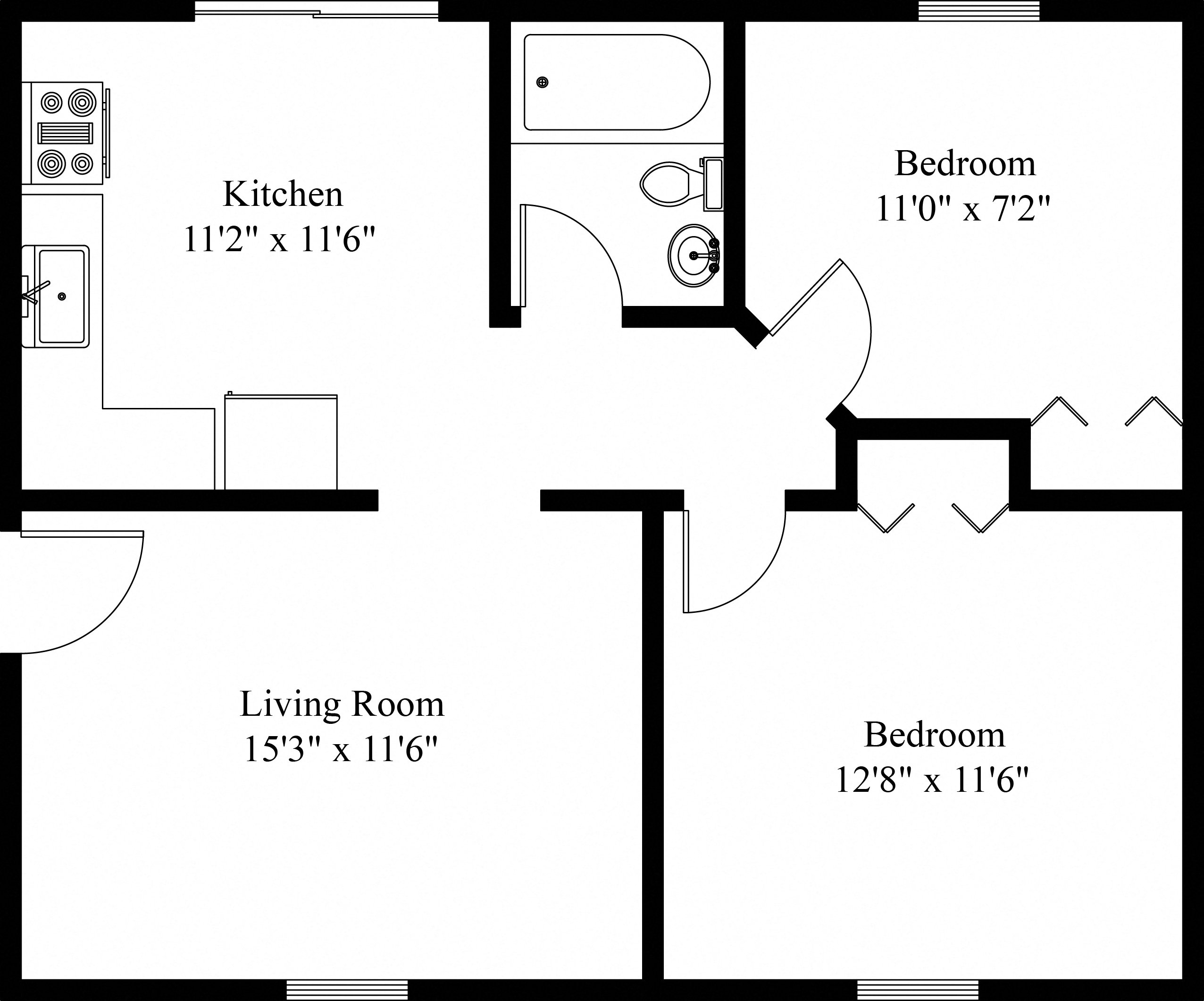 Floor plan for 2 beds, 1 bath, 645 sqft